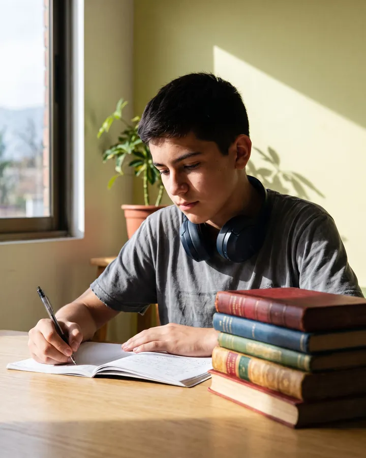 Imagen referencial: adolescente escribiendo en un cuaderno junto a una ventana, en su proceso con un psicólogo para adolescentes en Peñaflor