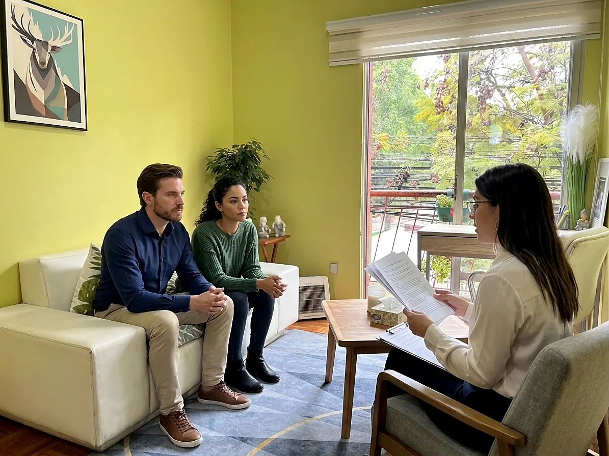Imagen referencial: psicóloga explicando el informe de la evaluación cognitiva WISC-V a una madre y un padre