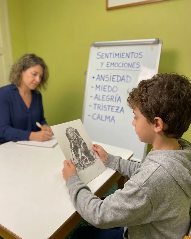 Imagen referencial: psicóloga trabajando sentimientos y emociones con un niño